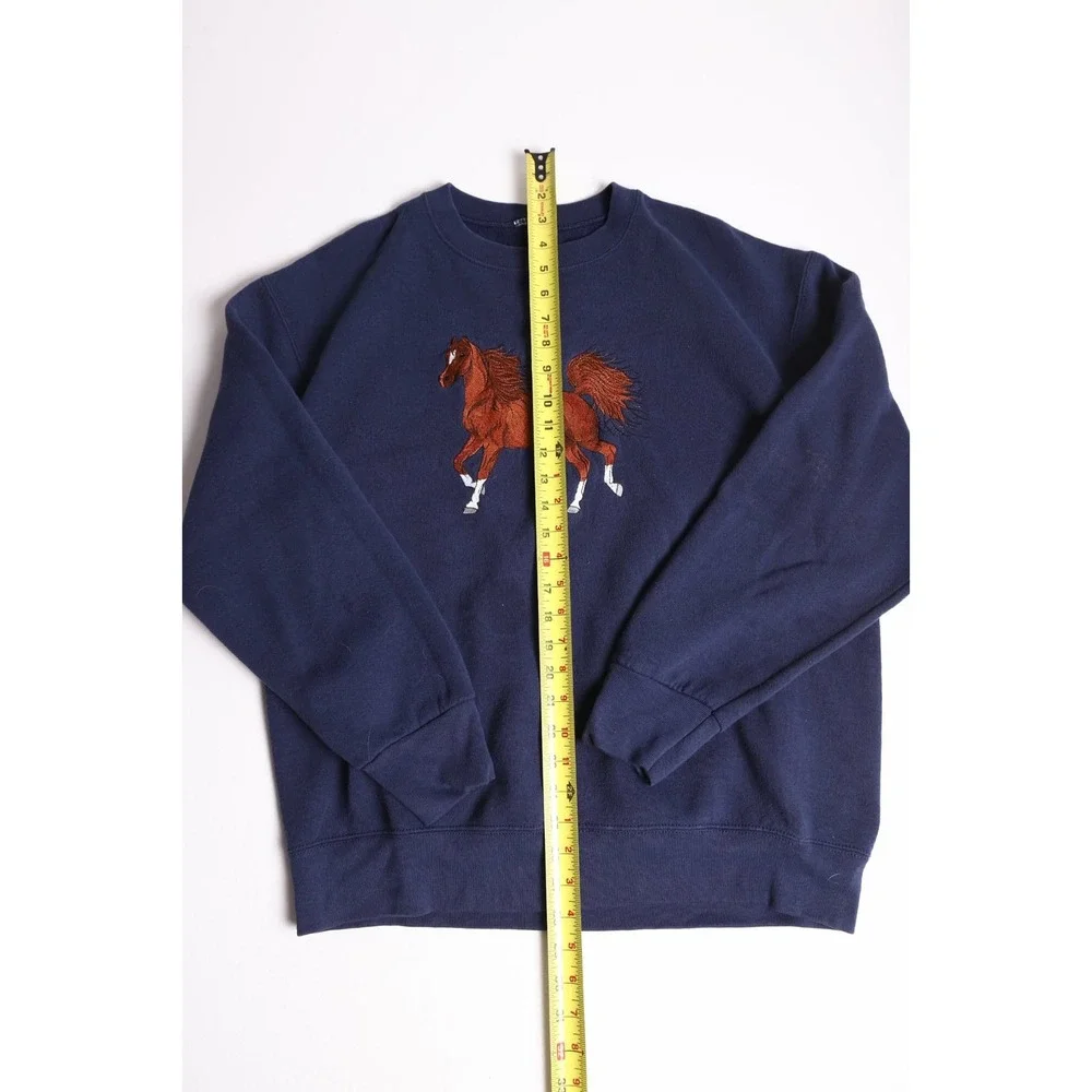 Vintage Navy Blue Horse Embroidery Crewneck Sweatshirt Equestrian Pullover